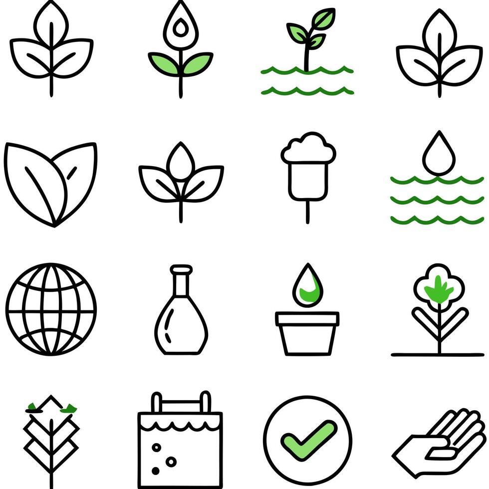 a grid of 16 icons related to plants and gardening, featuring green leaves, seeds, a plant in a vector