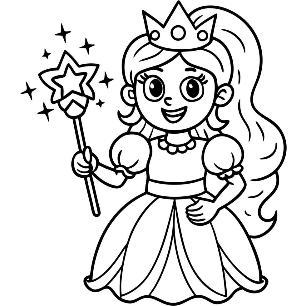 a princess with a crown on her head and a magic wand in her hand, illustration line art vector