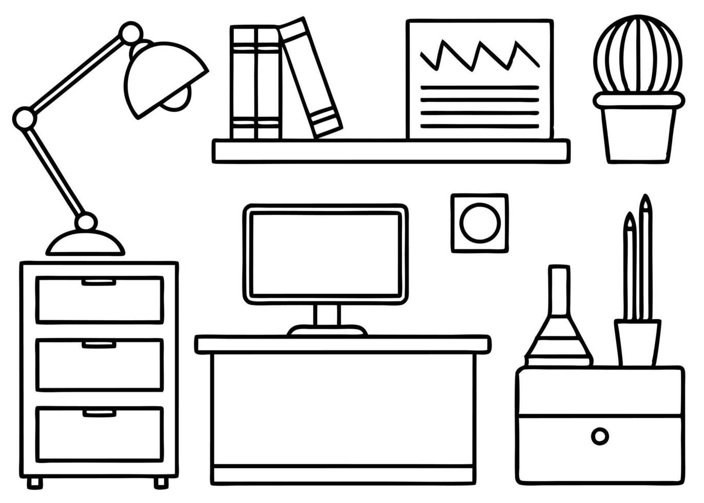 office desk elements set, illustration line art vector