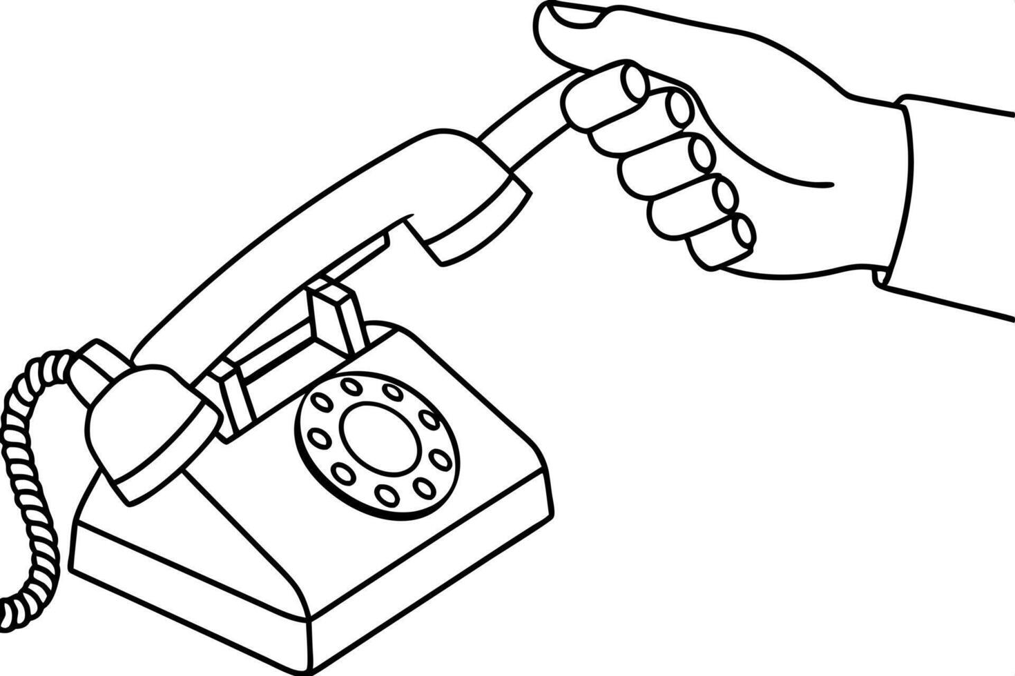 continuous single line drawing of hand picking up receiver of rotary dial telephone, line art vector