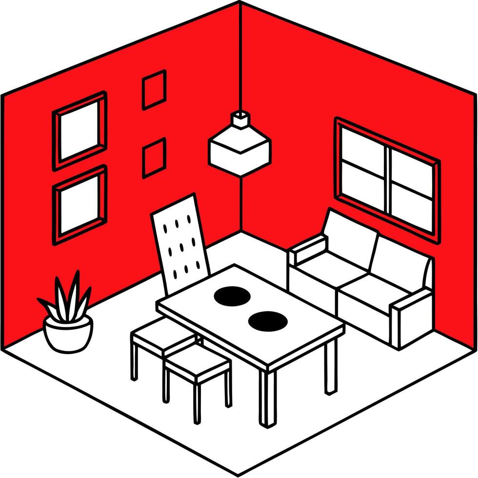 living and dining room red appartemetn, illustration line art vector