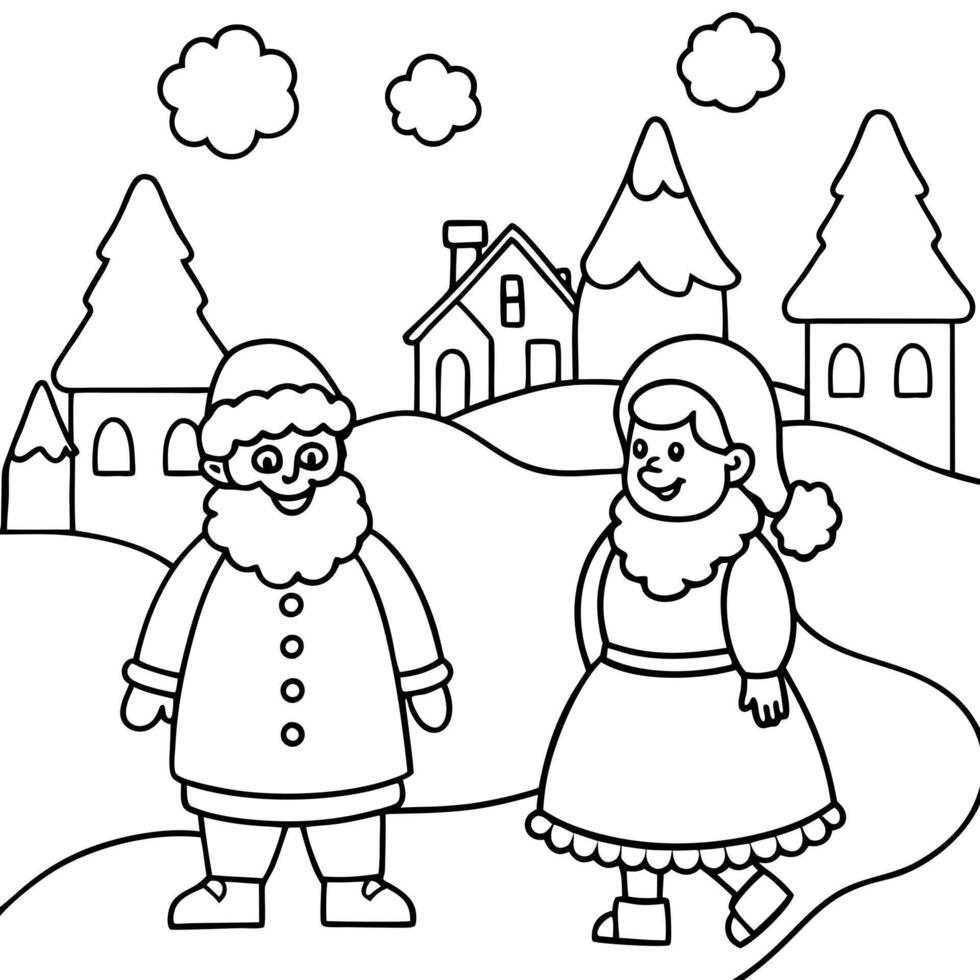 coloring page for kids, bold line art, santa claus and mrs claus enjoying a peaceful walk through a vector