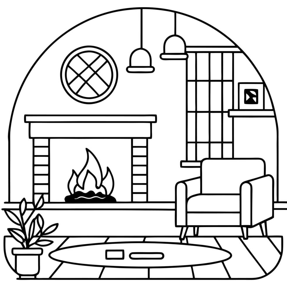 interior de living con chimenea, illustration line art vector