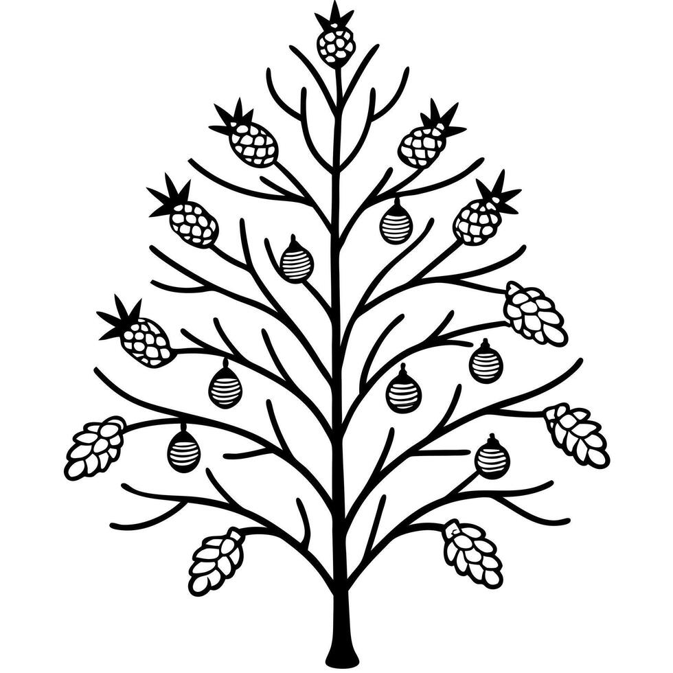 a tree with frosted branches, decorated with pinecones and rustic ornaments, illustration vector
