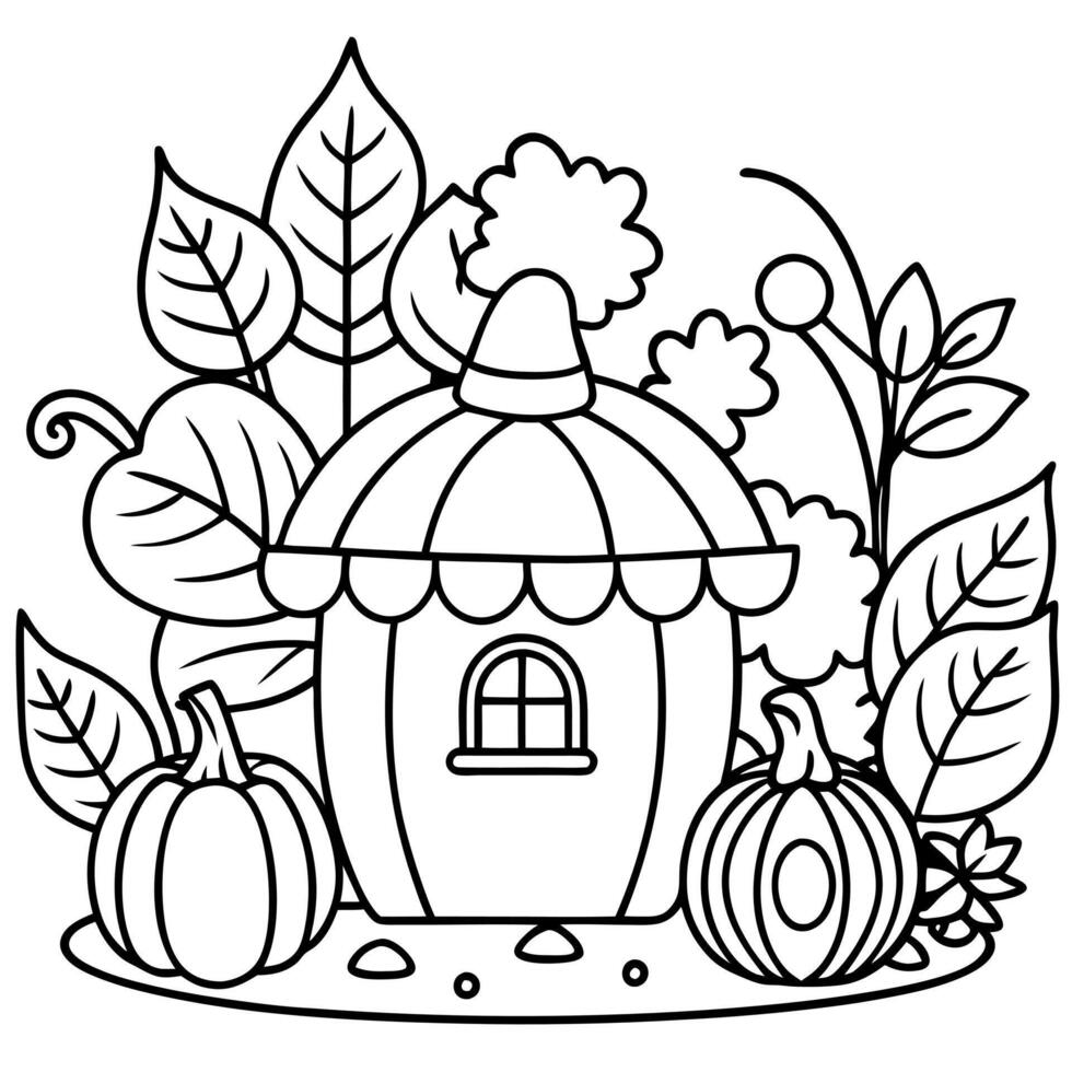 a whimsical fairy garden decorated with autumn leaves and pumpkins, illustration line art vector