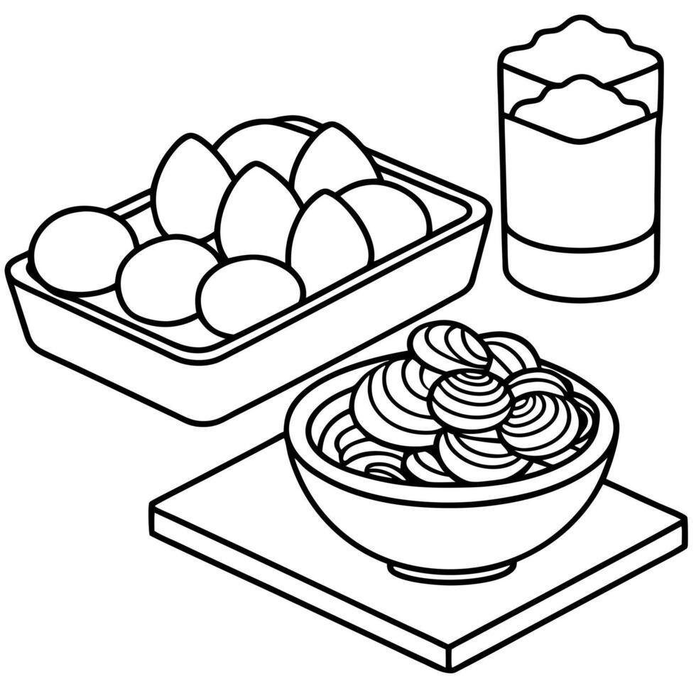 wooden cutting board with eggs on it next to bowls of noodles and boiled eggs, illustration vector