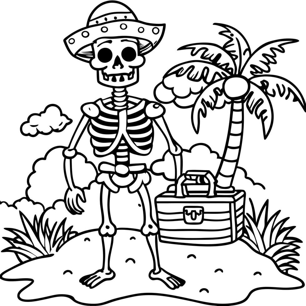 a pirate skeleton with a treasure chest on a spooky deserted island, illustration line art vector