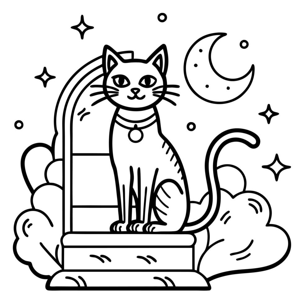 a black cat sitting on a tombstone under a cloudy, moonlit sky, illustration line art vector