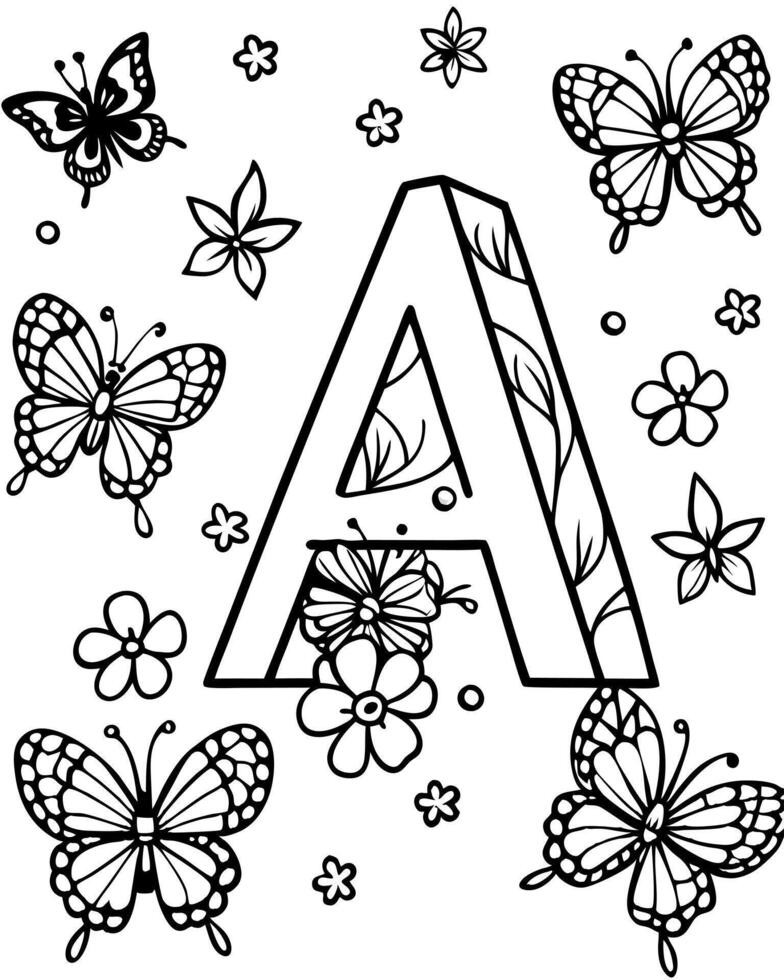 clear english letter a surrounded by little butterflies, illustration line art vector