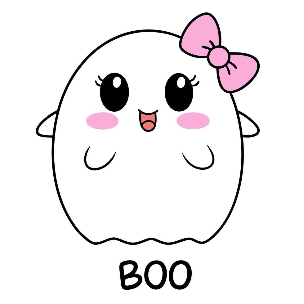 the image shows a cute, cartoon-style ghost with a big pink bow on its head the ghost has a round, vector