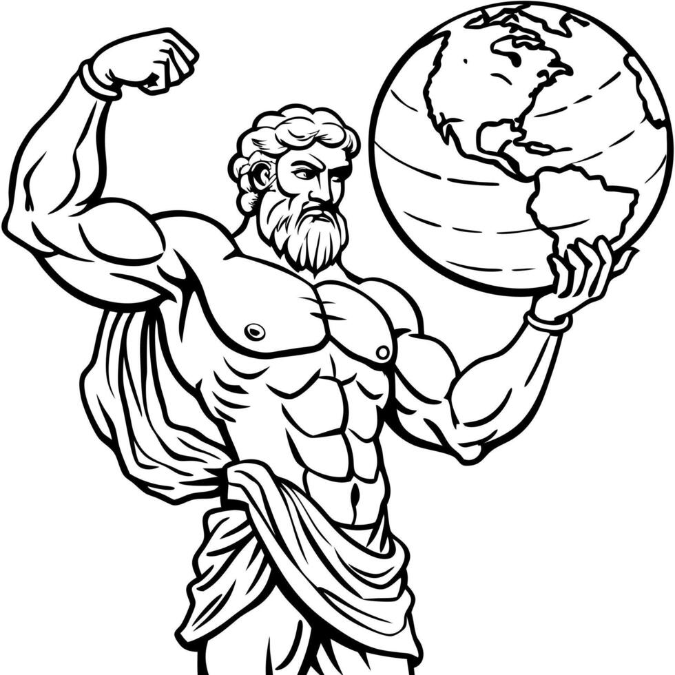 atlas holding earth, illustration line art vector
