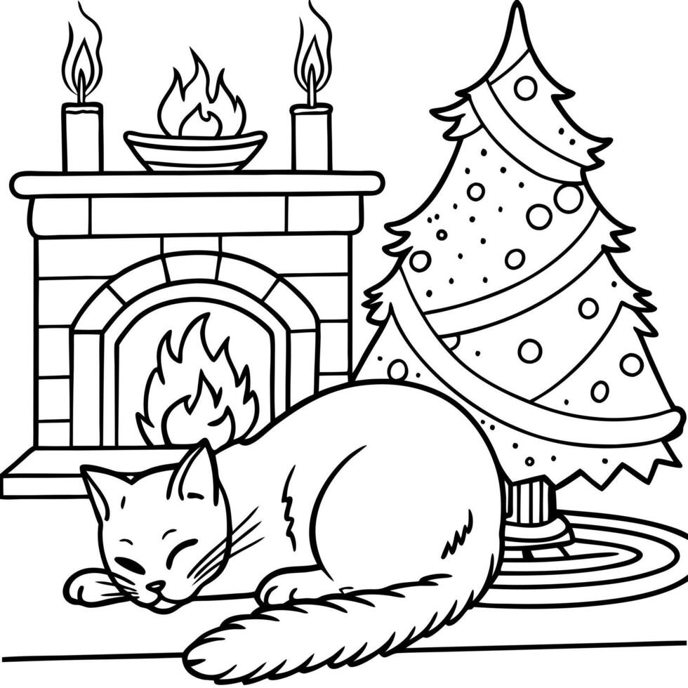 a cat curled up next to a crackling fire, with a christmas tree glowing in the background, vector