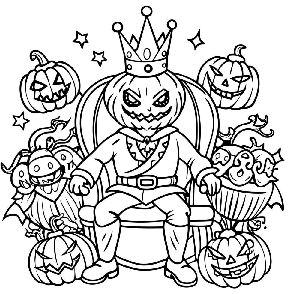 a pumpkin-headed king sitting on a throne surrounded by spooky creatures, illustration line vector