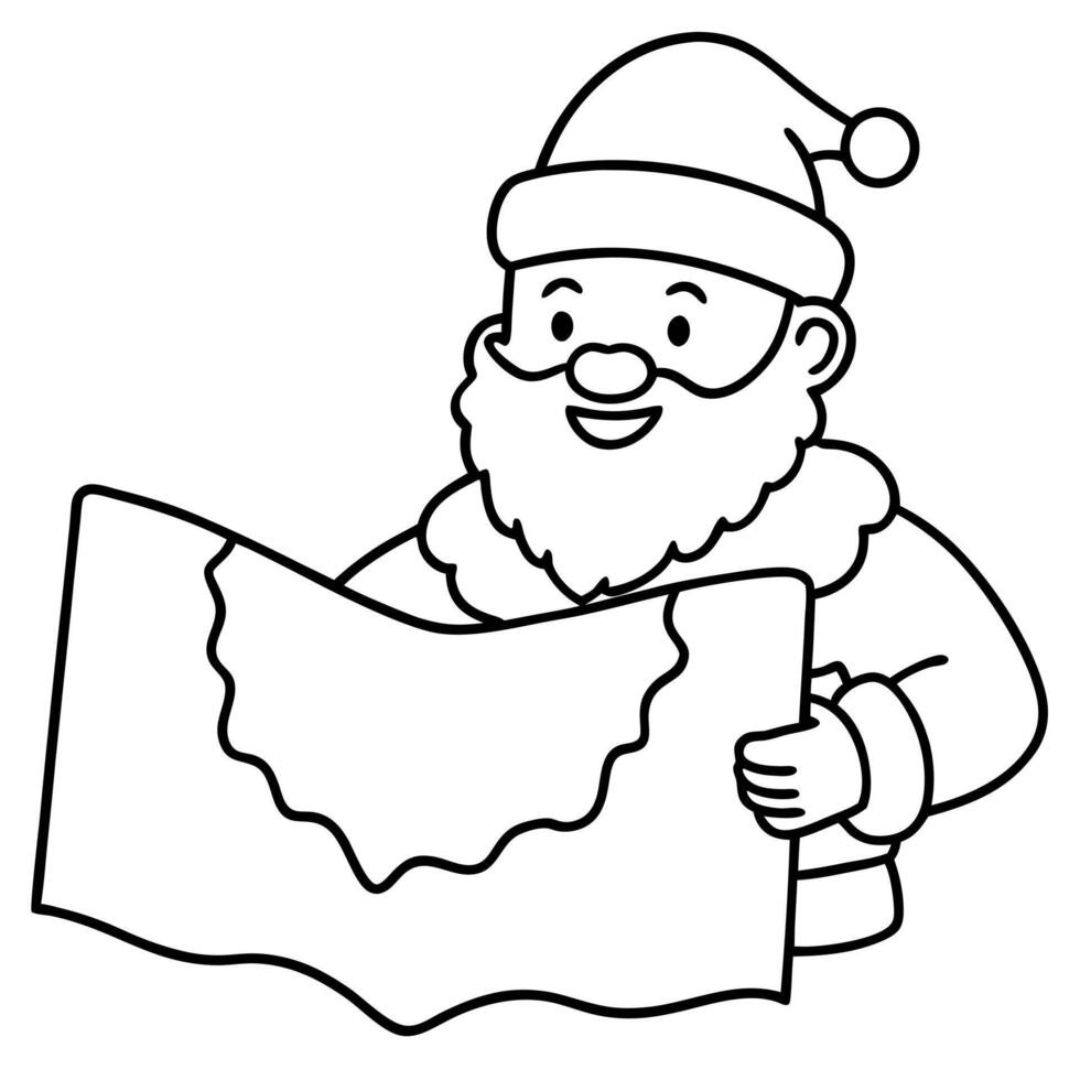 santa plotting his journey on a large map, illustration line art vector