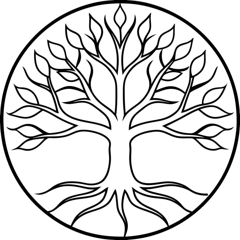 a tree of life, with no leafs and more curved branches, and big roots, in an oval shape, vector