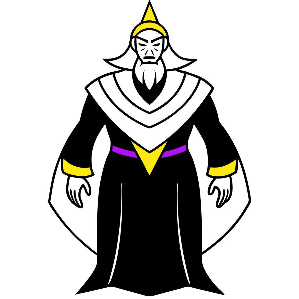 turnaround sheet, of a powerful wizard wearing a purpel and black robe with gold thred from all vector