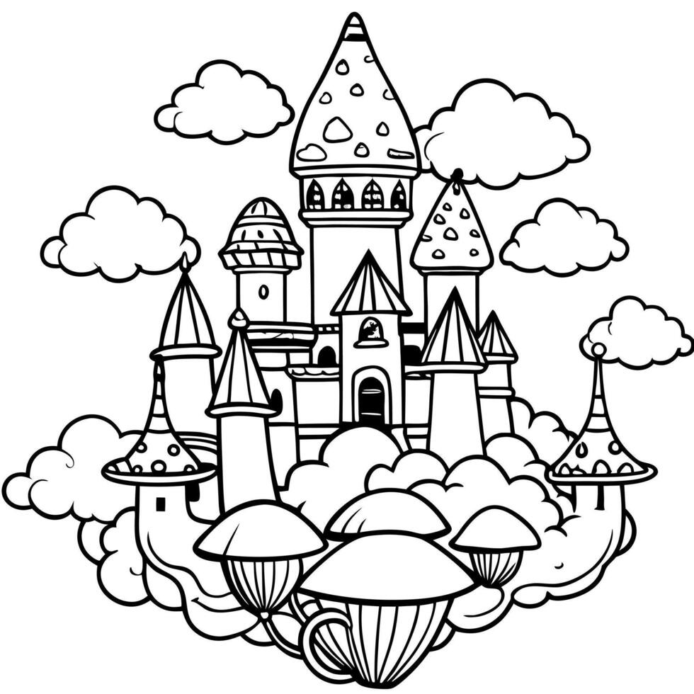 a mushroom castle floating in the clouds, illustration line art vector