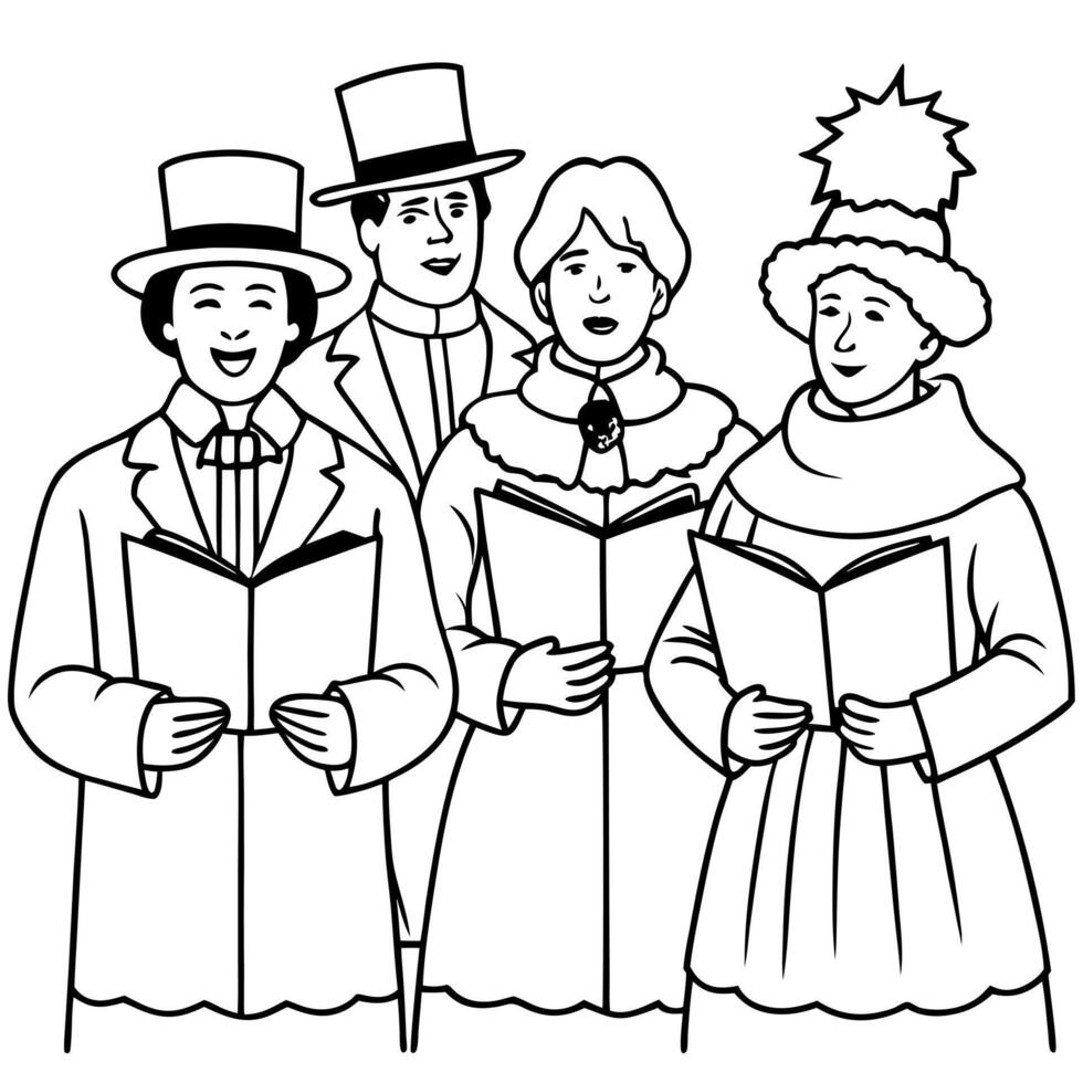 christmas carolers in victorian outfits, illustration line art vector