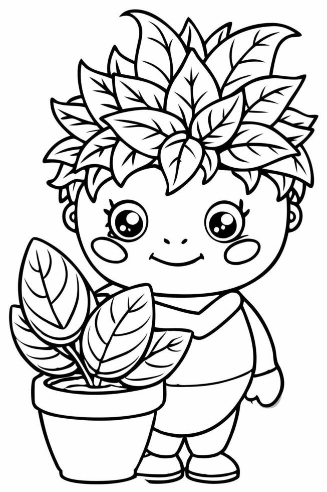 anime style, more details, well-drawn, a small, plant-like monster with leaves sprouting from his vector