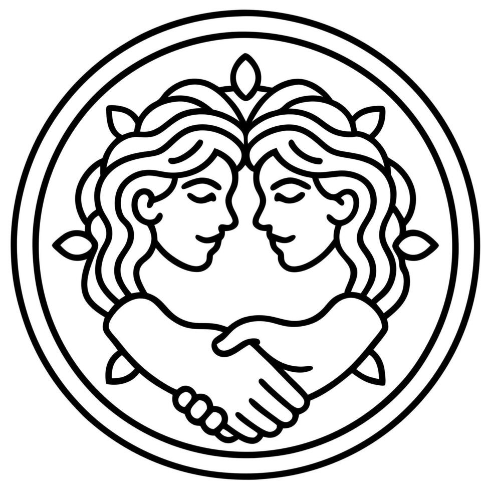 versace style logo consisting of two hands touching each other, illustration line art vector