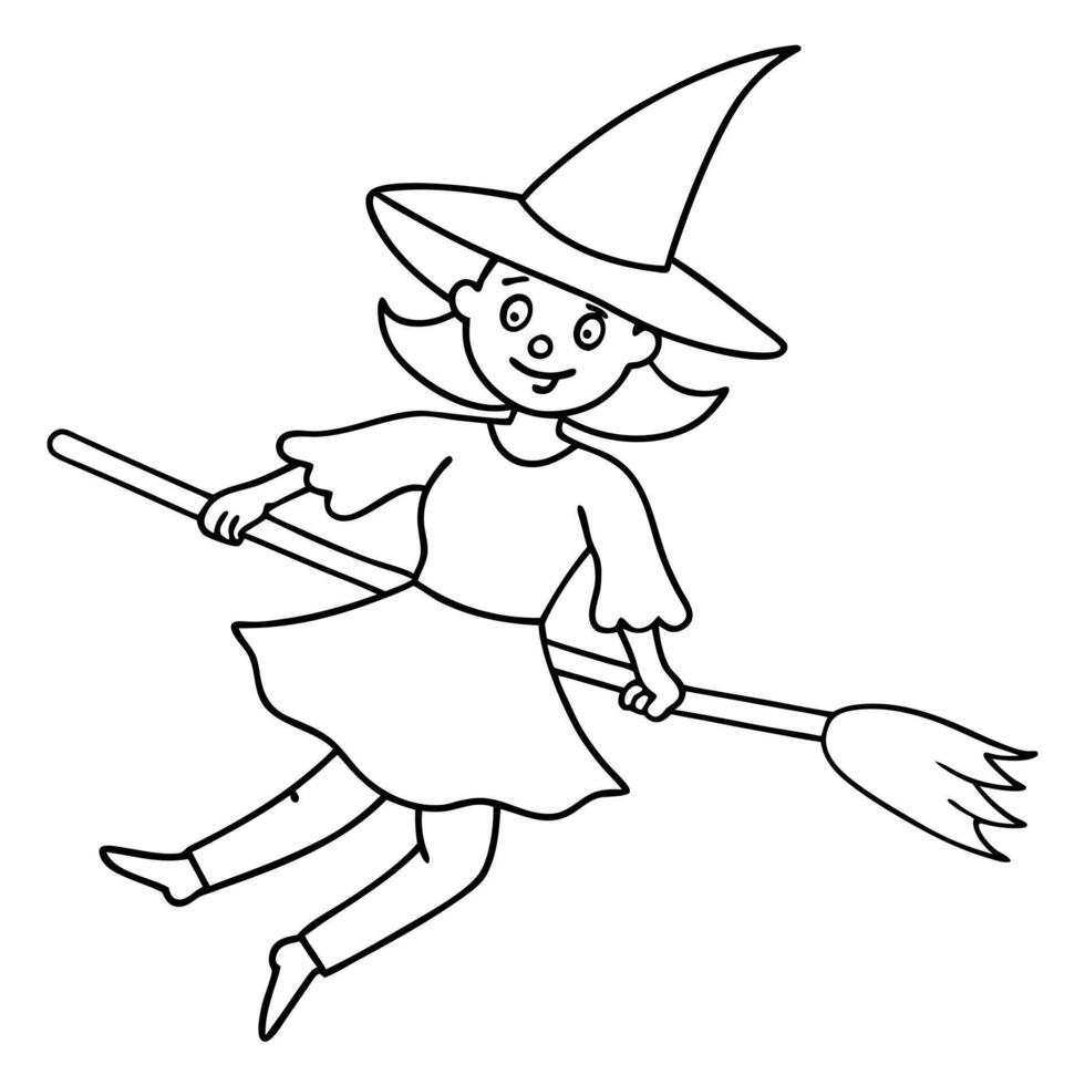 halloween witch and stick flying , illustration line art vector