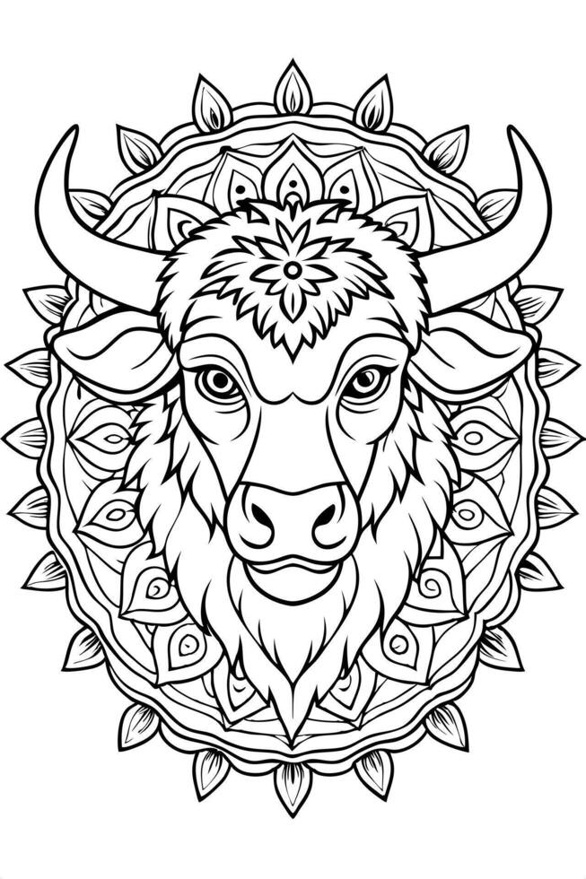 bison head, mandala coloring pages, cozy coloring pages, cute coloring pages, aesthetic, cozy vector