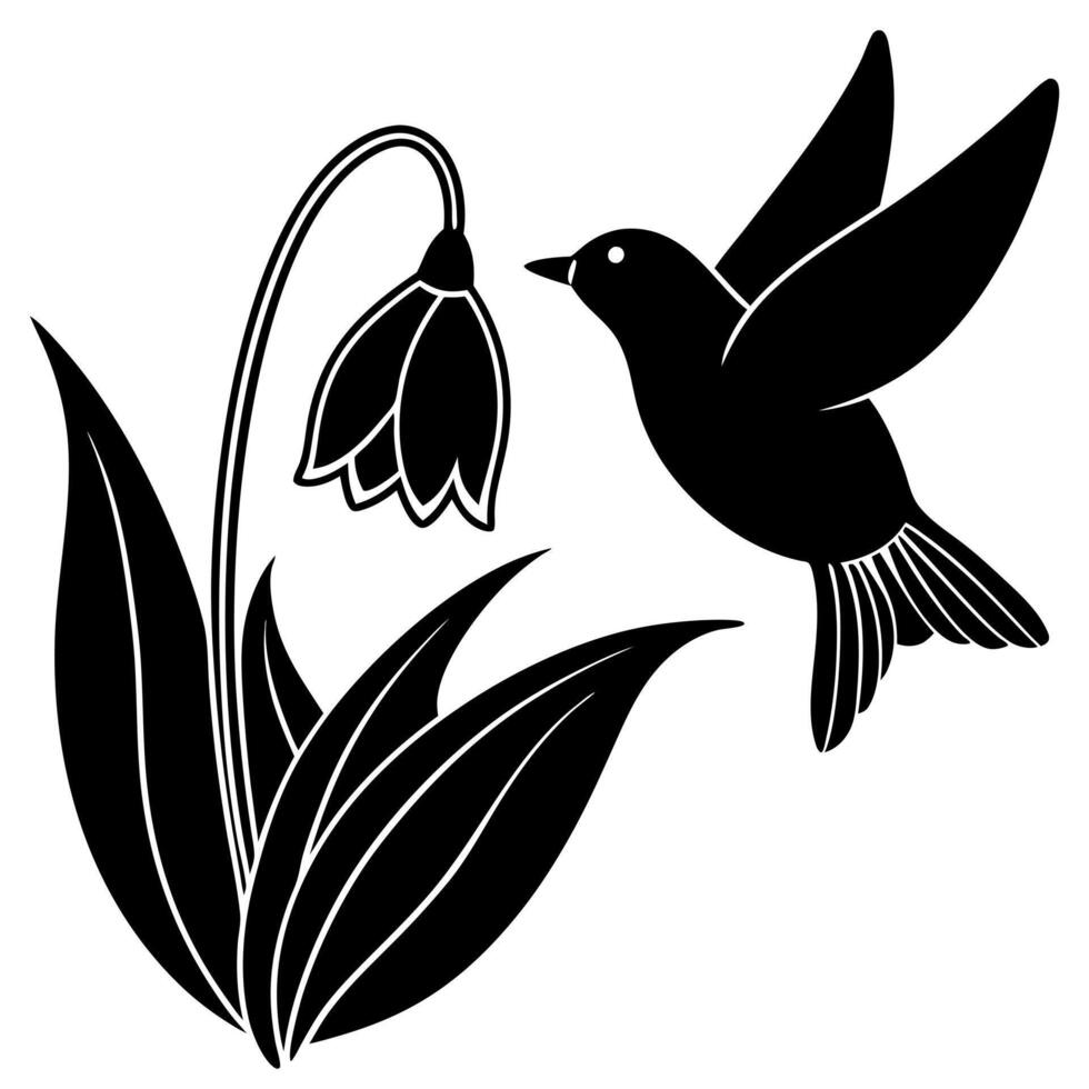 the bird is flying on this snowdrop flower, illustration line art vector