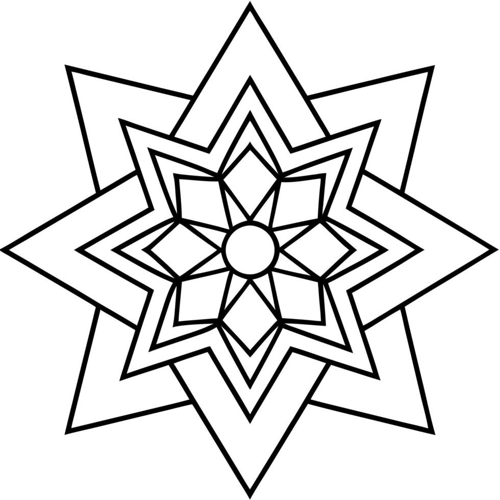 bold line art, star-shaped flower in the center with hexagons and triangles forming a symmetrical vector