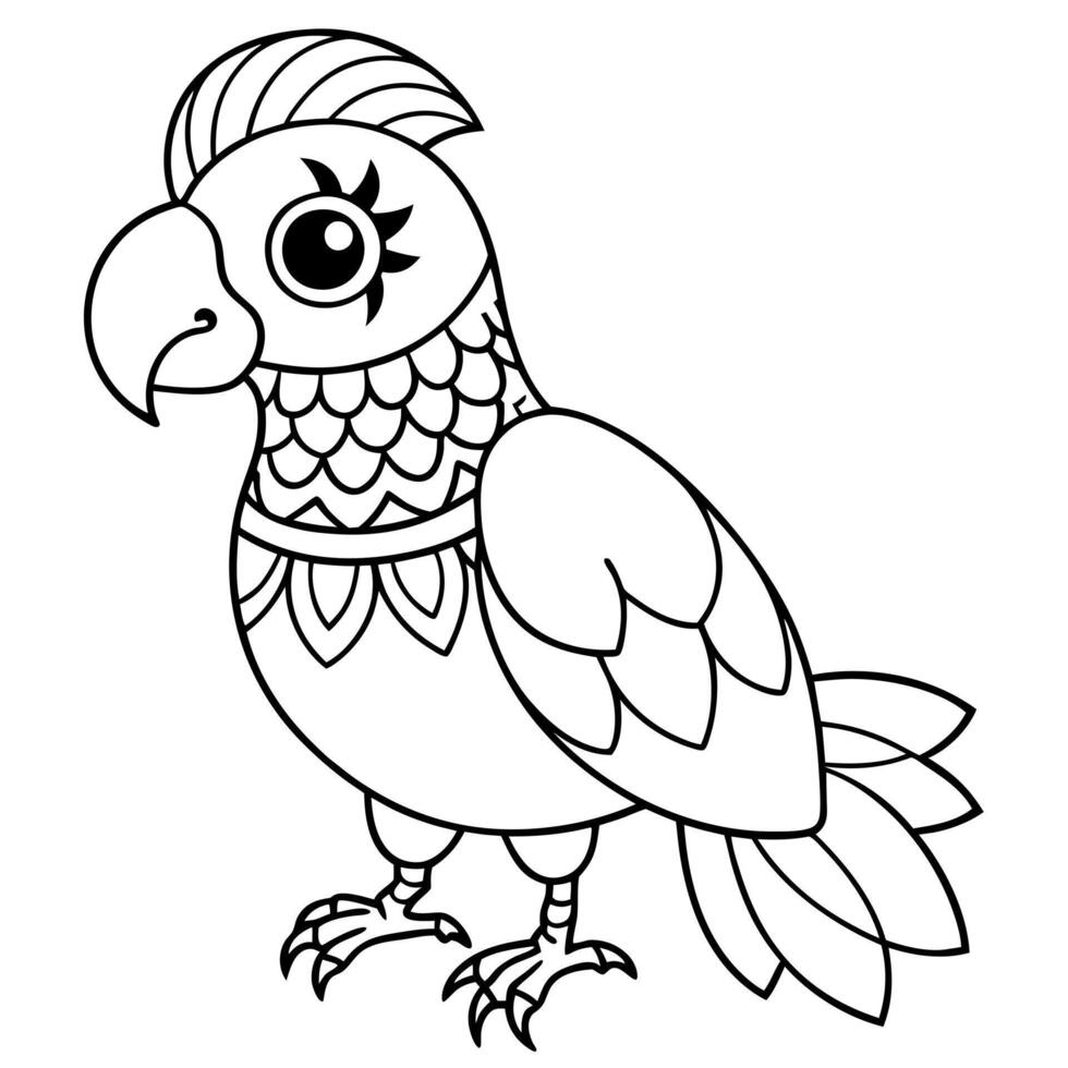 a coloring page of an cute parrot bird with mandala patterns on its head and body, with no color vector