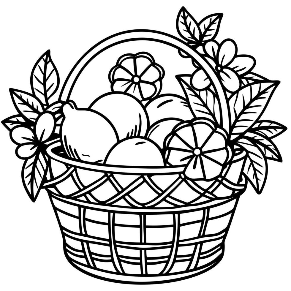 country basket with lemon and flowers, illustration line art vector