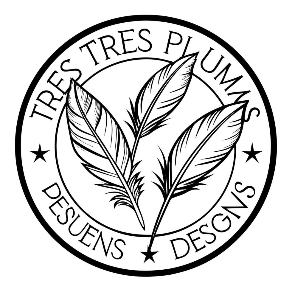a company logo of a circle with a peacock feather quill pen, a goose feather quill pen, and an vector