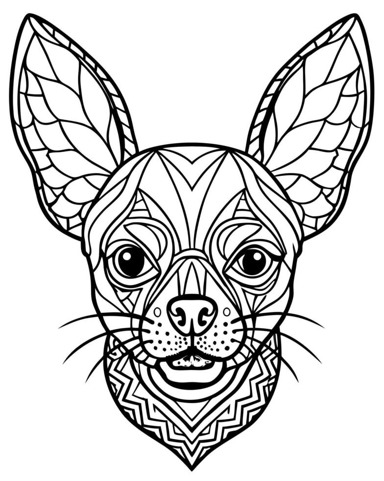 an intricate line art illustration of a chihuahuas head filled with detailed patterns and vector