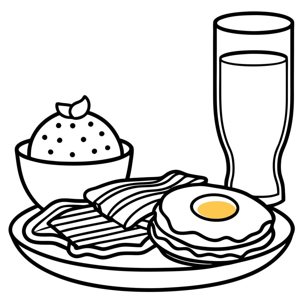 a delicious breakfast spread featuring sunny-side-up eggs, crispy bacon, pancakes, avocado slices, vector
