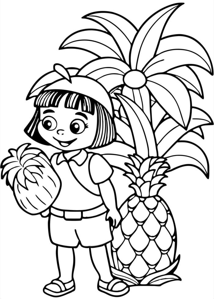 dora the explorer with giant pineapple in the jungle, illustration line art vector