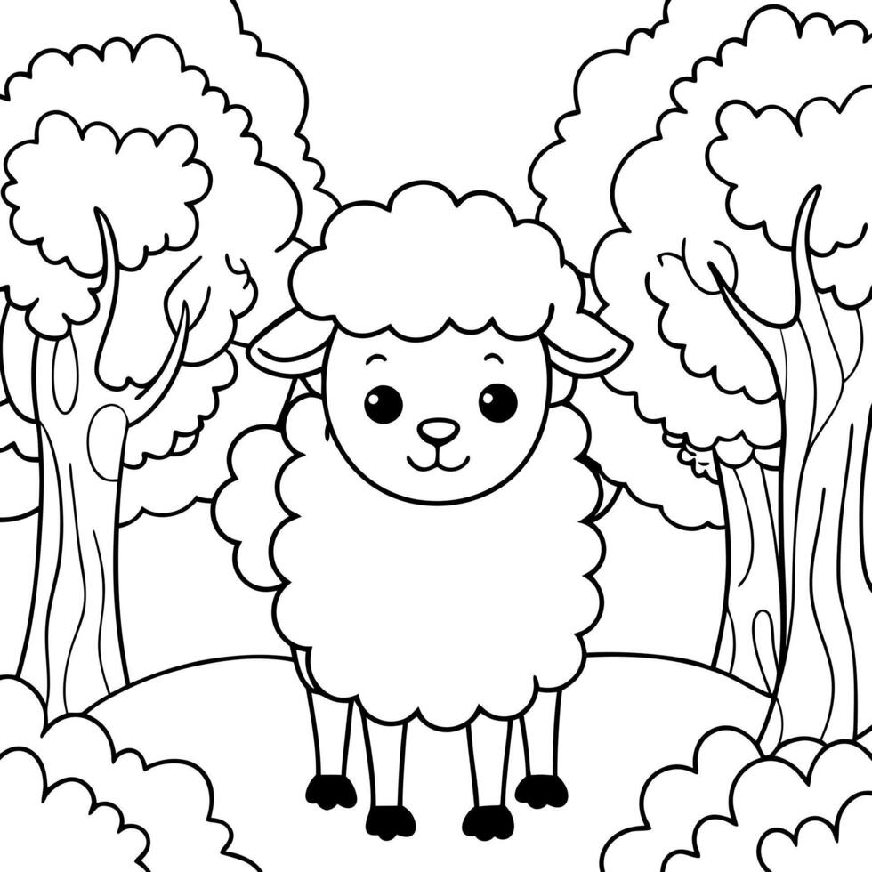 a coloring page, cute sheep in the forest, illustration line art vector