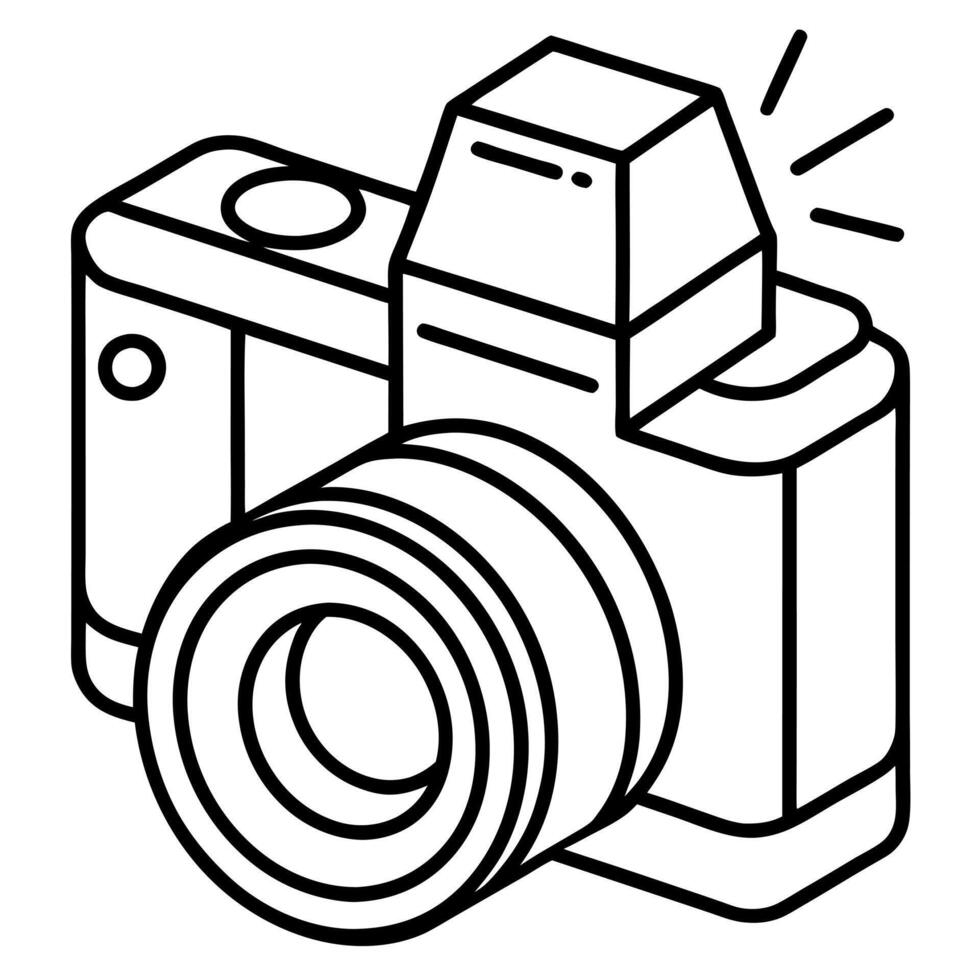 a dslr camera with flash, illustration line art vector