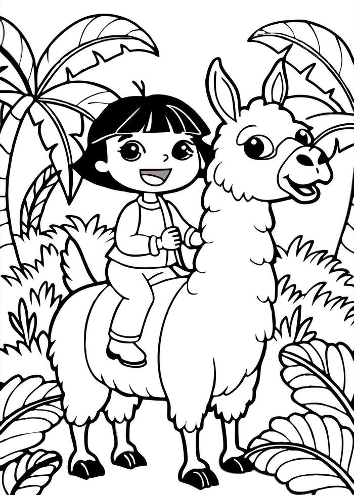 dora the explorer riding lama in the jungle, illustration line art vector