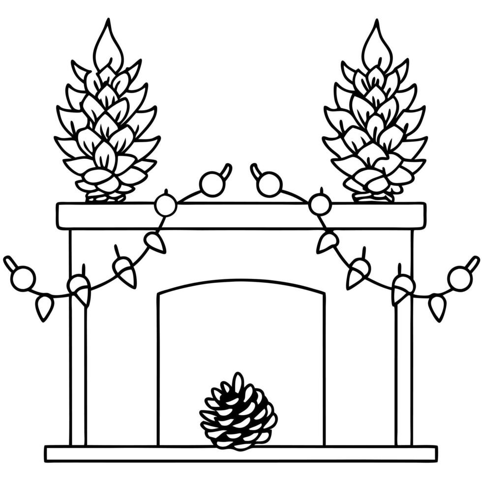 a fireplace mantel decorated with pinecones and garlands, illustration line art vector