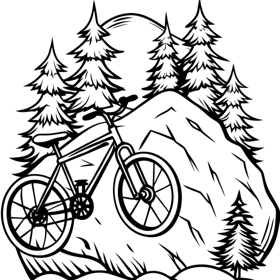 a cartoonish and exaggerated illustration of a mountain bike in a black and white color scheme the vector