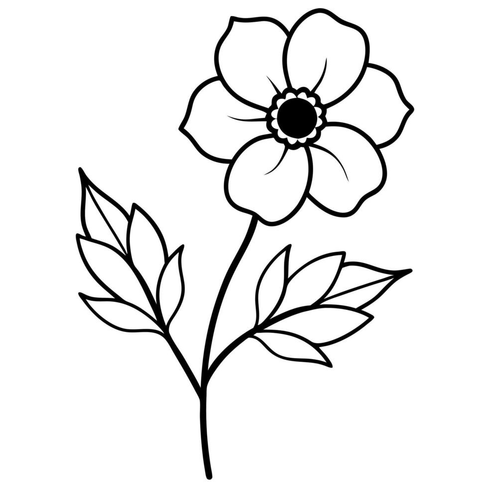 anemones flower with leaf and short branch, illustration line art vector