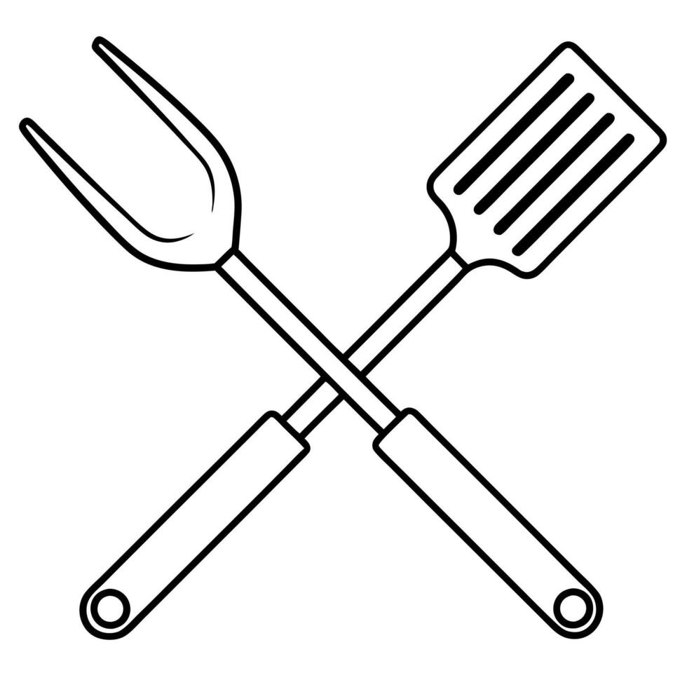 spatula and fork for cooking cross, illustration line art vector