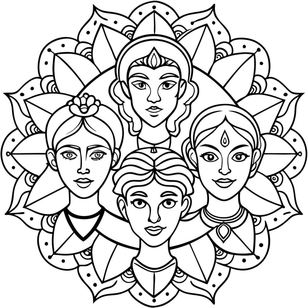 a black and white adult coloring book page featuring four people, intricate mandala-style patterns, vector