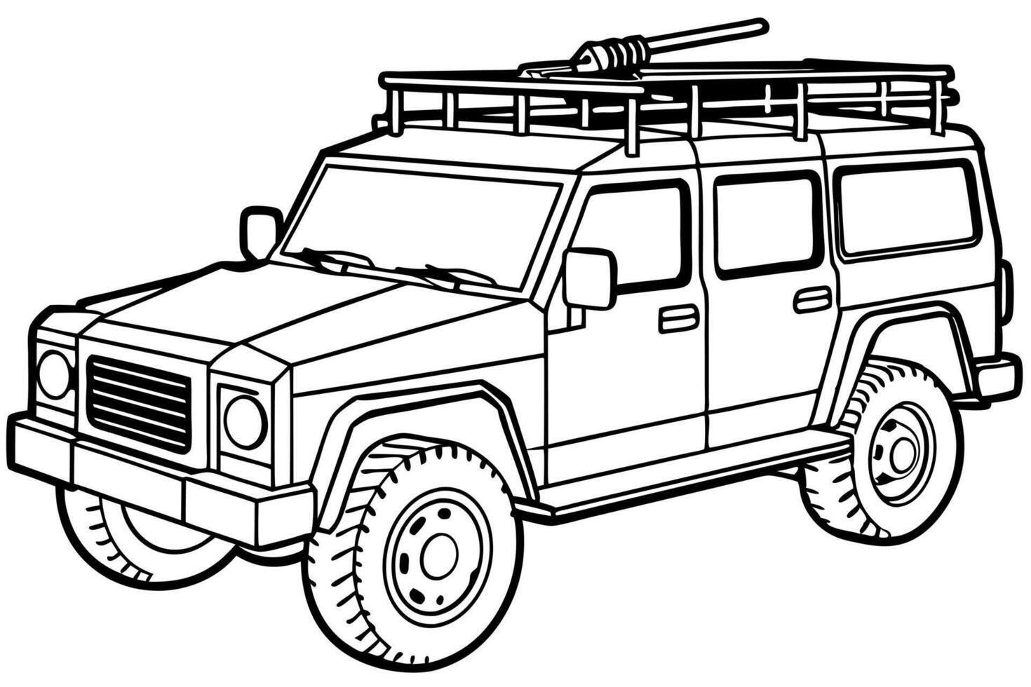 draw a tactical jeep with an empty support plate on its roof, illustration line art vector