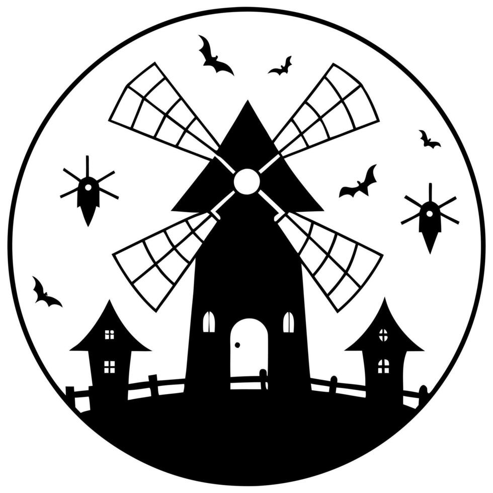 a unique halloween scene with a round fairy-tale windmill this windmill has a distinct, circular vector