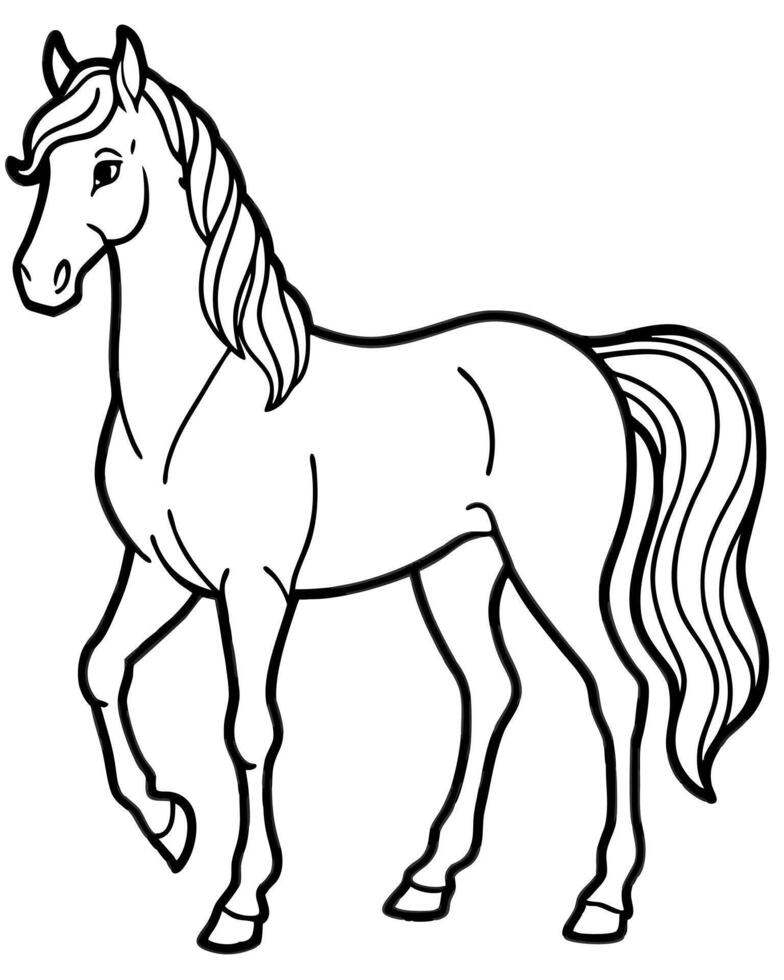 a line art of a full-body horse standing majestically the horse is depicted with flowing mane and vector