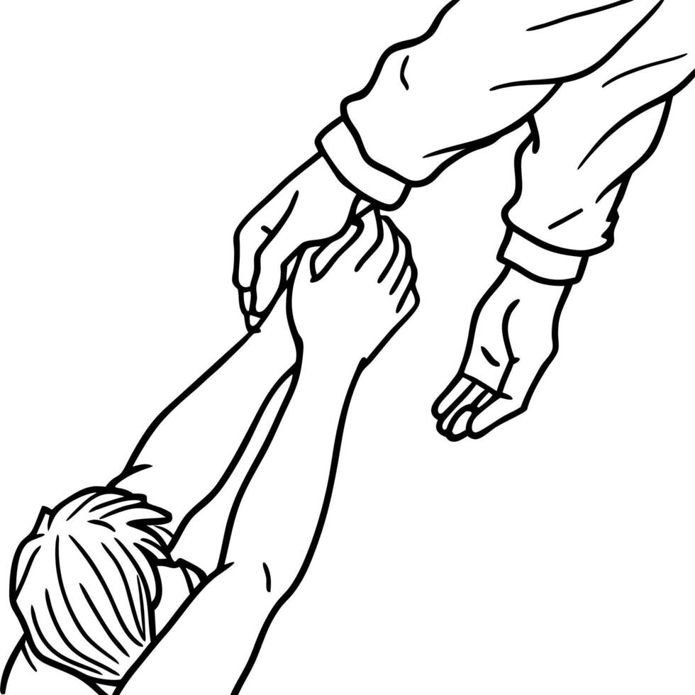 a hand of a person helping and lifting up another, illustration line art vector