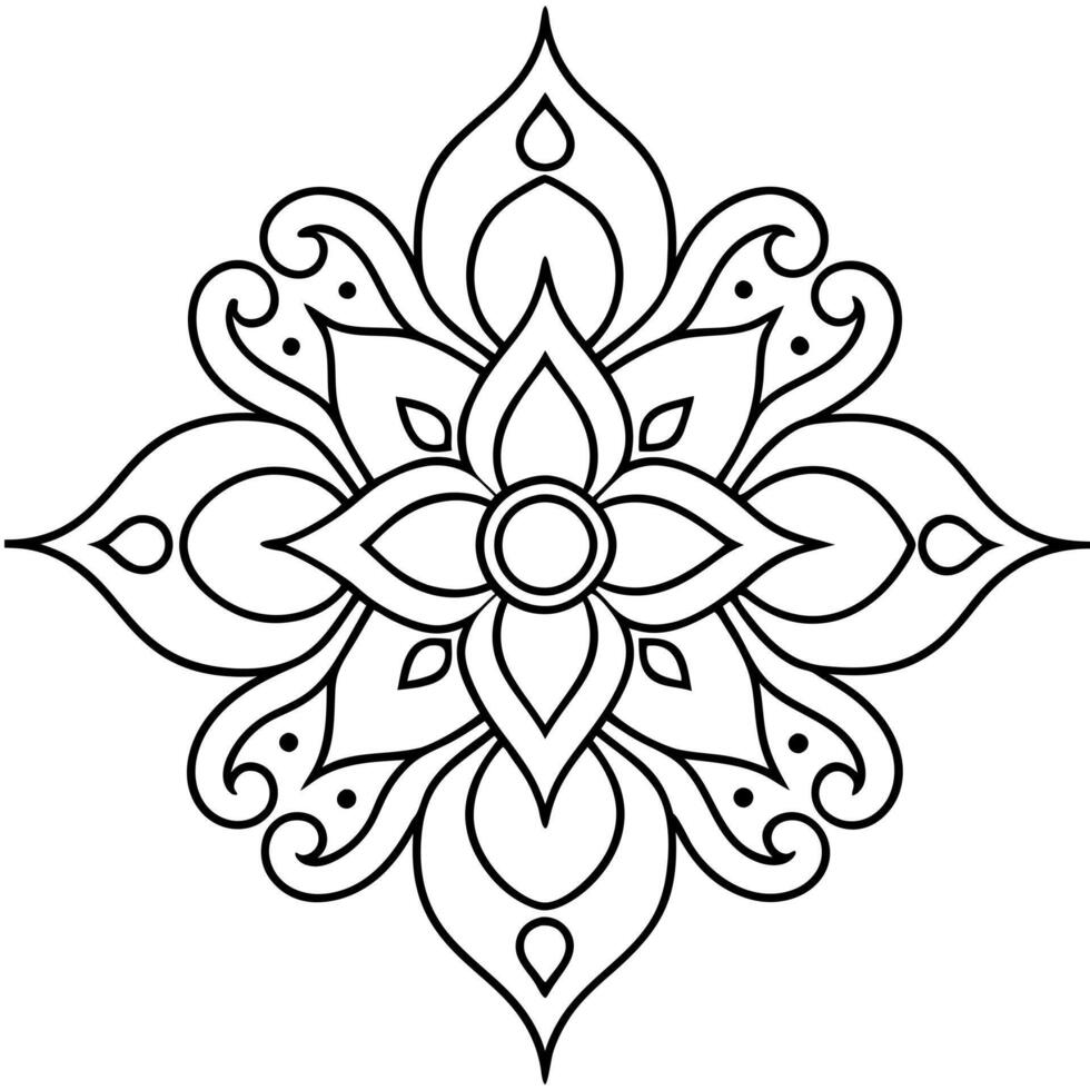 generate a mehndi ornament line art piece that includes flowing lines, curved elements, and vector
