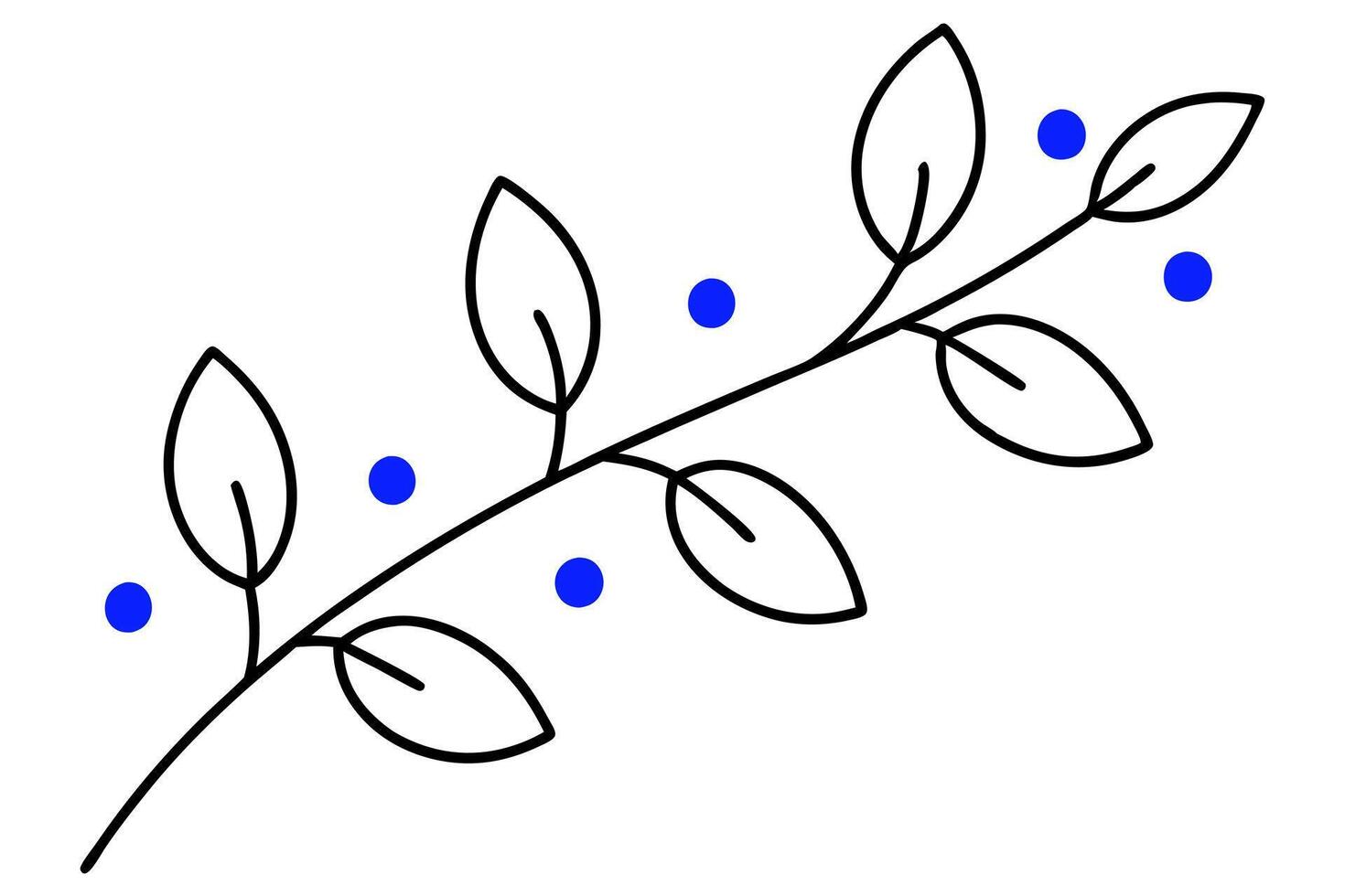 branch with blue leaves and dots, illustration line art vector
