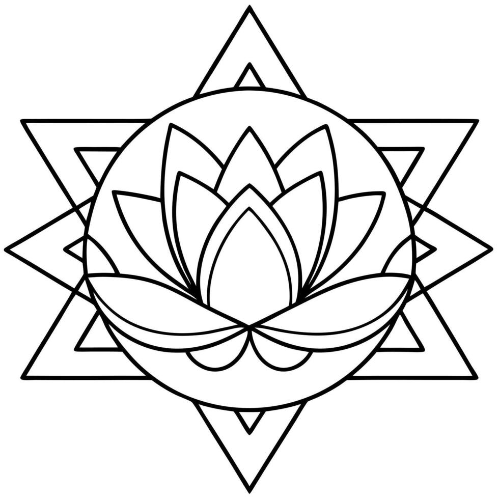 coloring pages for kids, bold line art, lotus flower at the core with expanding layers of triangles vector