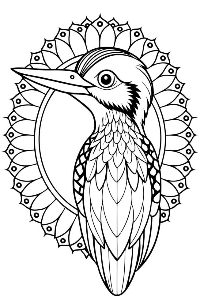 woodpecker head , mandala coloring pages, cozy coloring pages, cute coloring pages, aesthetic, cozy vector